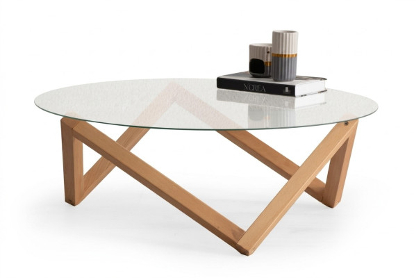 Tavolino da salotto moderno, piano del tavolo in vetro rotondo, gambe in legno per il soggiorno.   Tavolino da salotto moderno, piano del tavolo in vetro rotondo, gambe in legno per il soggiorno.