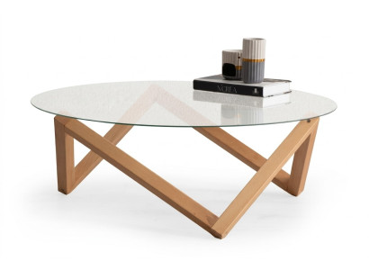 Tavolino da salotto moderno, piano del tavolo in vetro rotondo, gambe in legno per il soggiorno.   Tavolino da salotto moderno, piano del tavolo in vetro rotondo, gambe in legno per il soggiorno.