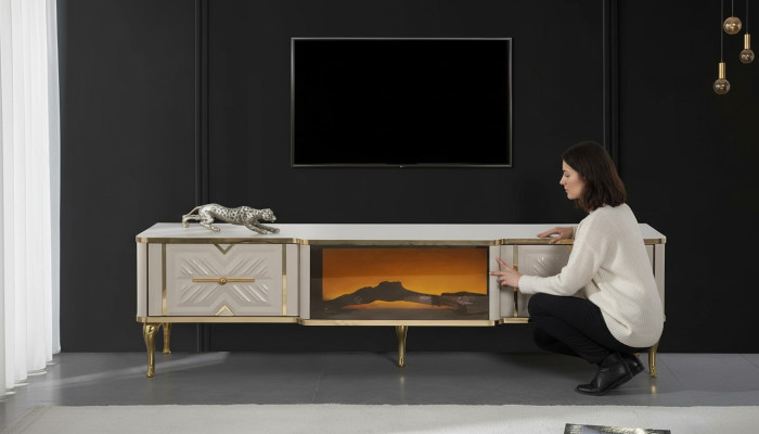 Credenza soggiorno bianco + oro camino lusso mobile basso RTV esclusivo