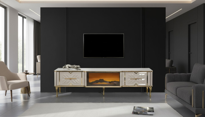 Credenza soggiorno bianco + oro camino lusso mobile basso RTV esclusivo