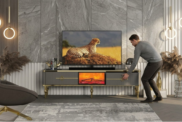 Soggiorno mobile TV grigio con camino RTV, credenza in metallo + MDF Esclusivo  Salotto mobile TV grigio con camino RTV, credenza in metallo + MDF Esclusivo