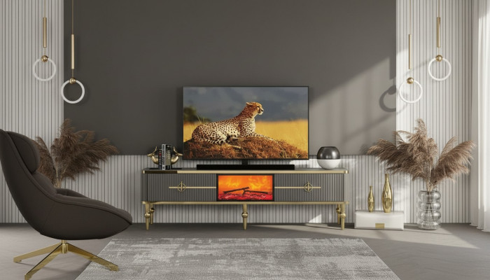 Soggiorno mobile TV grigio con camino RTV, credenza in metallo + MDF Esclusivo  Salotto mobile TV grigio con camino RTV, credenza in metallo + MDF Esclusivo