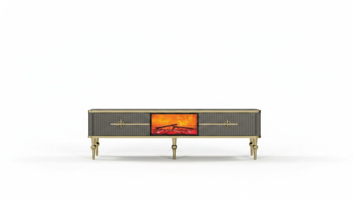 Soggiorno mobile TV grigio con camino RTV, credenza in metallo + MDF Esclusivo  Salotto mobile TV grigio con camino RTV, credenza in metallo + MDF Esclusivo
