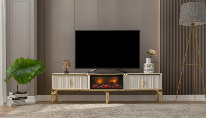 Soggiorno Mobile TV basso bianco + oro, mobile tv in MDF e metallo di lusso nuovo.