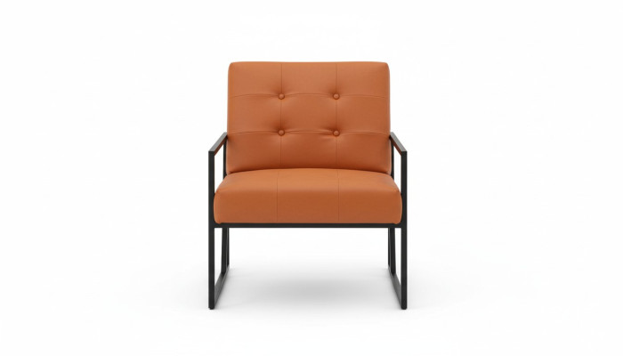 Sedia arancione per il soggiorno con nuove gambe metalliche di lusso e rivestimento in tessuto.   Sedia arancione per il soggiorno con nuove gambe metalliche di lusso e rivestimento in tessuto.