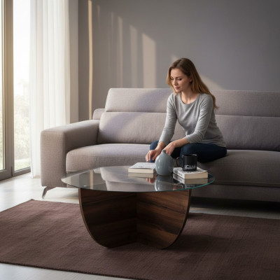 Tavolino minimalista in vetro e legno con gambe a X, stile moderno, nuovo.