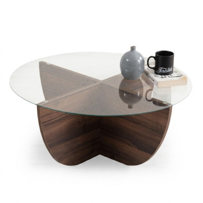 Tavolino minimalista in vetro e legno con gambe a X, stile moderno, nuovo.