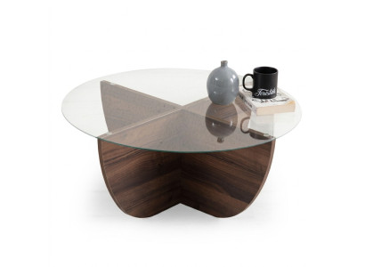 Tavolino minimalista in vetro e legno con gambe a X, stile moderno, nuovo.