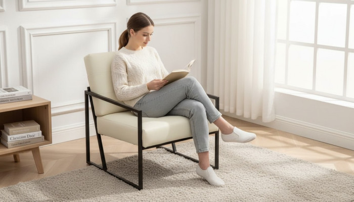 Poltrona esclusiva per soggiorno stile moderno beige tessuto gambe in metallo.