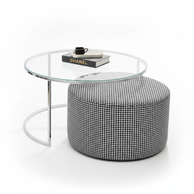 Set da salotto. Tavolino in vetro e metallo + pouf imbottito.