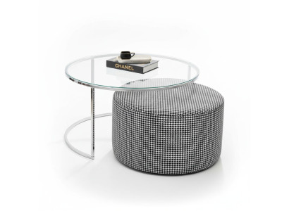 Set da salotto. Tavolino in vetro e metallo + pouf imbottito.