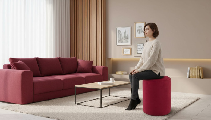 Pouf rosa con rivestimento in tessuto, struttura in truciolato di MDF, pouf di lusso nuovo