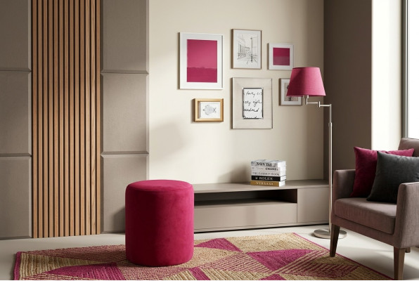 Pouf rosa con rivestimento in tessuto, struttura in truciolato di MDF, pouf di lusso nuovo