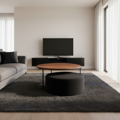 Tavolino marrone + Set di pouf imbottiti in tessuto nero