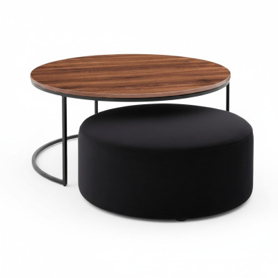 Tavolino marrone + Set di pouf imbottiti in tessuto nero