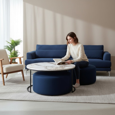 Tavolino + Pouf, set pratico per il soggiorno, 2 pezzi tavolo rotondo