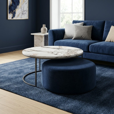 Tavolino + Pouf, set pratico per il soggiorno, 2 pezzi tavolo rotondo