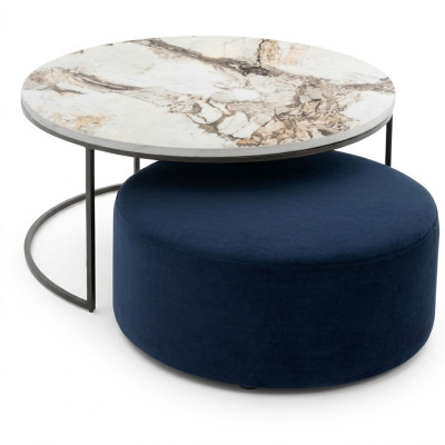 Tavolino + Pouf, set pratico per il soggiorno, 2 pezzi tavolo rotondo
