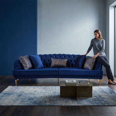 Salotto blu Chesterfield set di divani in tessuto di lusso con 4 posti.