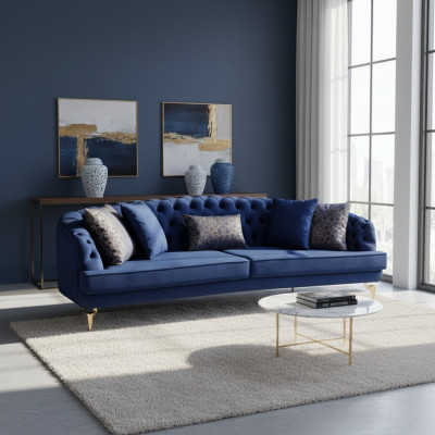 Salotto blu Chesterfield set di divani in tessuto di lusso con 4 posti.