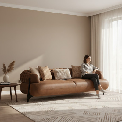 Sofa Chesterfield marrone a tre posti per il soggiorno, divano imbottito mobili moderni