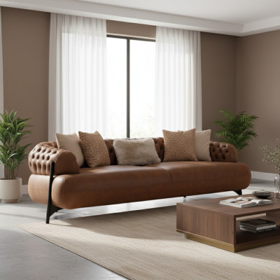 Sofa Chesterfield marrone a tre posti per il soggiorno, divano imbottito mobili moderni