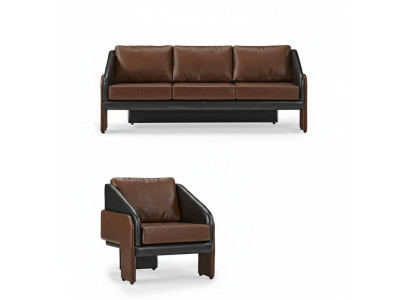 Marrone-nero set di sedili in pelle elegante divano a tre posti poltrona 2 pz