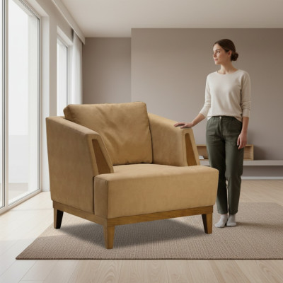 Sedia imbottita marrone in tessuto di design, poltrona moderna monoposto per la TV.