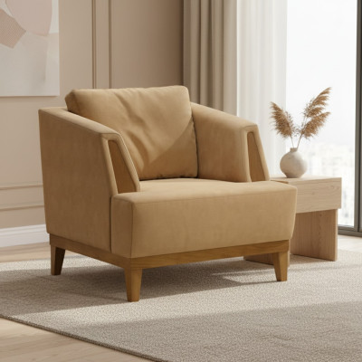 Sedia imbottita marrone in tessuto di design, poltrona moderna monoposto per la TV.
