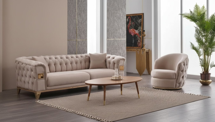 Poltrona design beige Chesterfield per soggiorno mobili imbottiti lusso