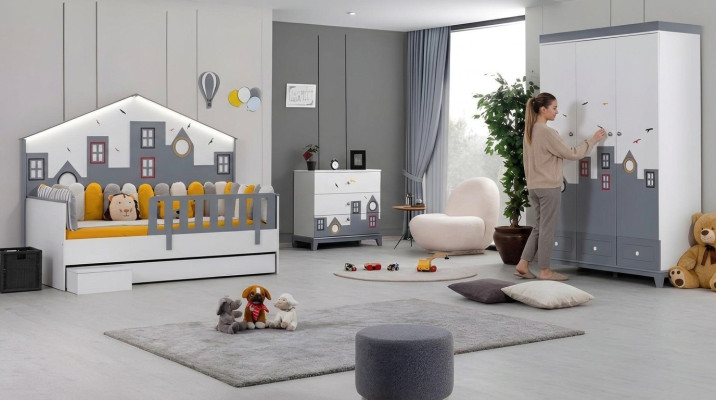 Set camera da letto moderno per bambini, letto, armadio, cassettiera, tutto nuovo.