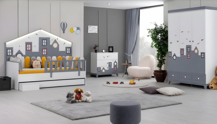 Set camera da letto moderno per bambini, letto, armadio, cassettiera, tutto nuovo.