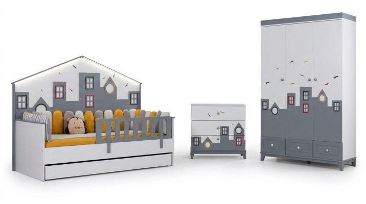Set camera da letto moderno per bambini, letto, armadio, cassettiera, tutto nuovo.