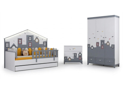 Set camera da letto moderno per bambini, letto, armadio, cassettiera, tutto nuovo.