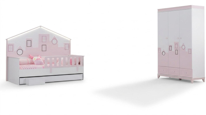 Letto per bambini rosa Armadio da giovane Camera da letto per bambini Mobili per bambini 2 pezzi Set in legno