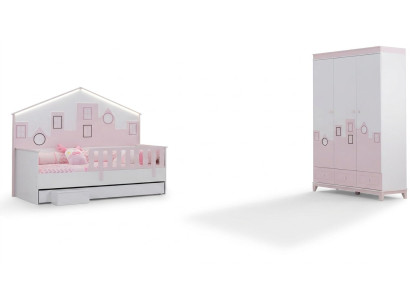 Letto per bambini rosa Armadio da giovane Camera da letto per bambini Mobili per bambini 2 pezzi Set in legno