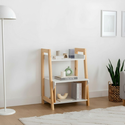 Mobile portaoggetti per libri beige e bianco in legno di alta qualità.