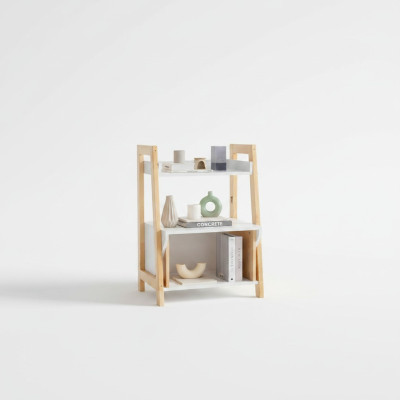 Mobile portaoggetti per libri beige e bianco in legno di alta qualità.
