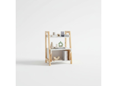 Mobile portaoggetti per libri beige e bianco in legno di alta qualità.