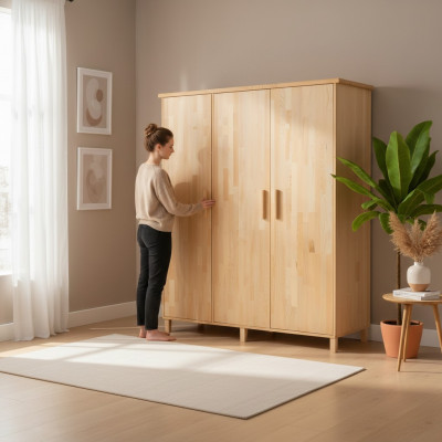 Camera da letto beige. Armadio elegante. Armadi in legno a 3 ante di design.