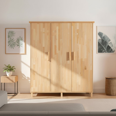 Camera da letto beige. Armadio elegante. Armadi in legno a 3 ante di design.