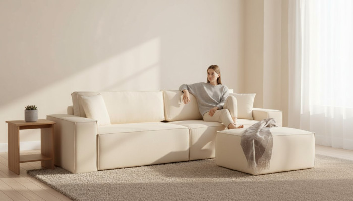 Pouf esclusivo beige a quattro posti elegante set da 2 pezzi