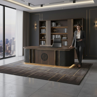 Scrivania da ufficio design moderno marrone nero bidirezionale rettangolare stile.