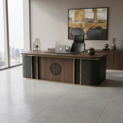 Scrivania da ufficio design moderno marrone nero bidirezionale rettangolare stile.