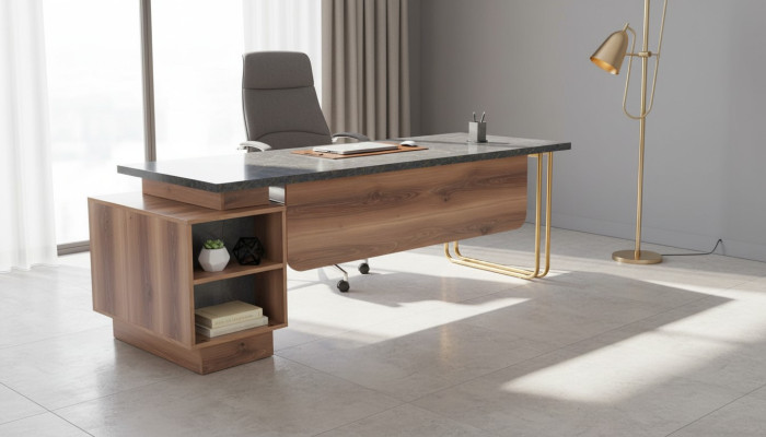 Scrivania da ufficio marrone e grigia due tonalità design moderno stanza da lavoro rettangolare.
