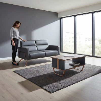 Set da ufficio 2 pezzi, divano a 2 posti con tavolino, grigio marrone bicolore.   Set da ufficio 2 pezzi, divano a 2 posti con tavolino, grigio marrone bicolore.