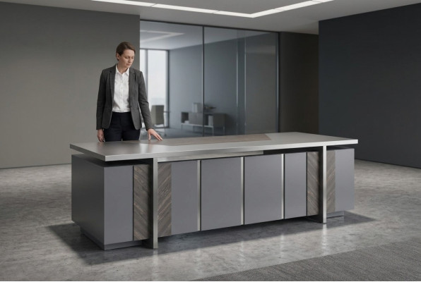 Scrivania rettangolare da ufficio grigia monocolore, stile moderno design con spazio di archiviazione
