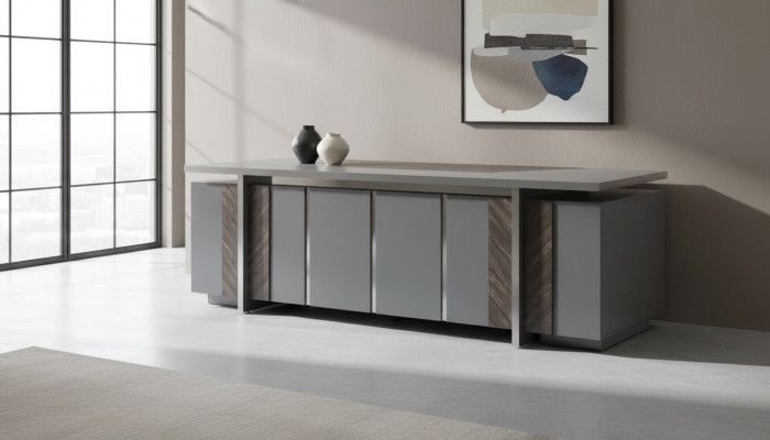 Scrivania rettangolare da ufficio grigia monocolore, stile moderno design con spazio di archiviazione