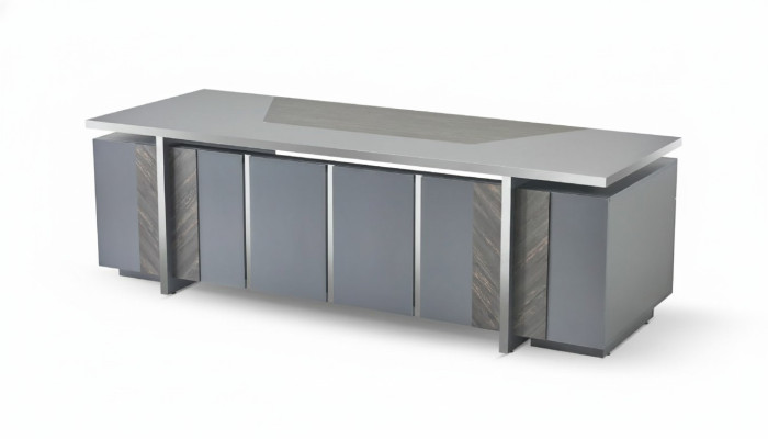 Scrivania rettangolare da ufficio grigia monocolore, stile moderno design con spazio di archiviazione