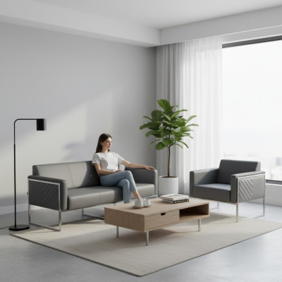 Set da ufficio 2 pezzi con divano da 3 posti e poltrona grigia monocolore design moderno  Set da ufficio 2 pezzi con divano a 3 posti e poltrona grigia monocolore dal design moderno